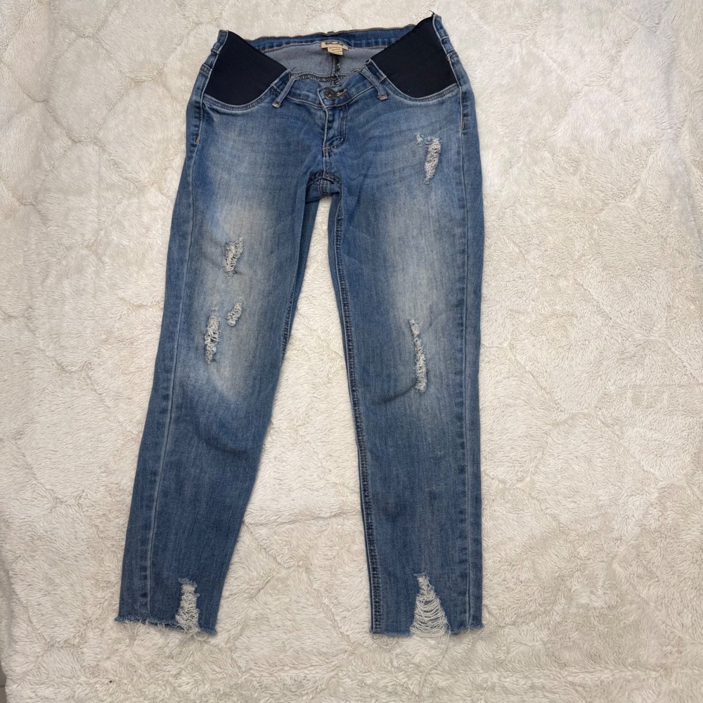 Indigo Blue Maternity Jeans XS Distressed Skinny Side Panel Raw Hem Stretch Blue